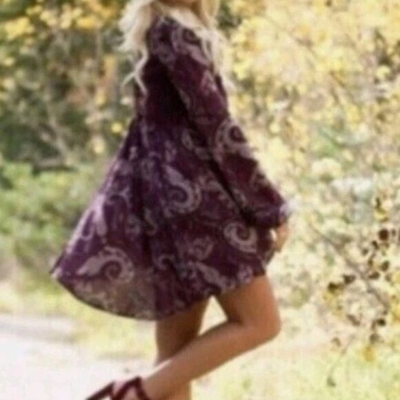 Free People Boho Hippie Lace Whimsigoth Paisley Sz XS Tunic Mini Dress Burgundy - Picture 2 of 12